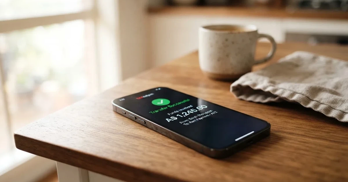 A close-up of a banking app on a smartphone showing a same-day transfer confirmation on a kitchen table.