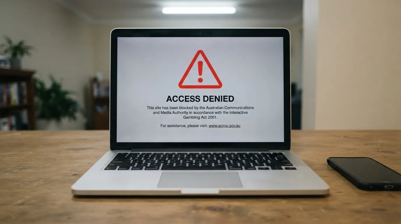 A printed government warning notice on a desk beside a laptop with a red alert icon on the screen.