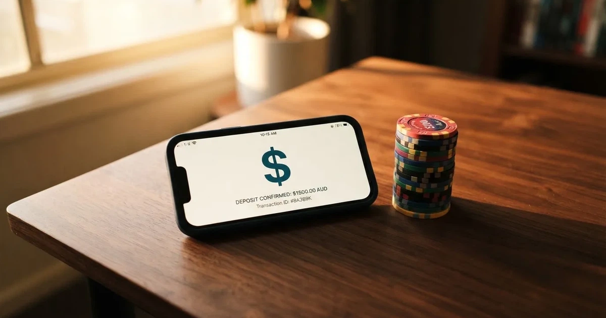 A phone displaying a bank transfer confirmation screen next to a stack of Australian dollar notes.