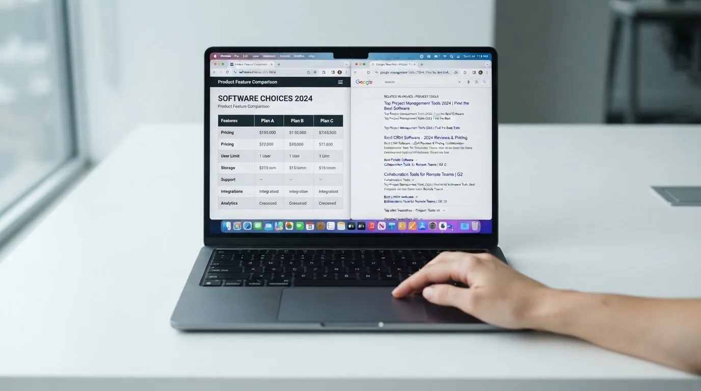 A laptop screen split between two browser tabs, one showing a comparison table and the other a search results page.