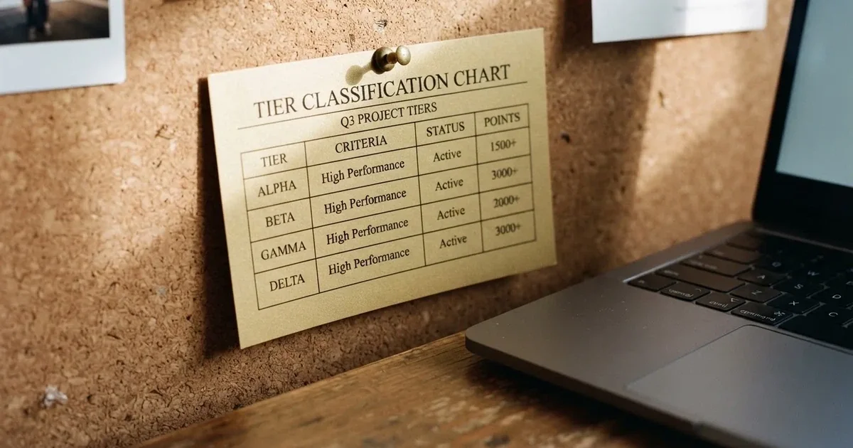 A gold-coloured tier chart pinned to a corkboard next to a laptop keyboard.