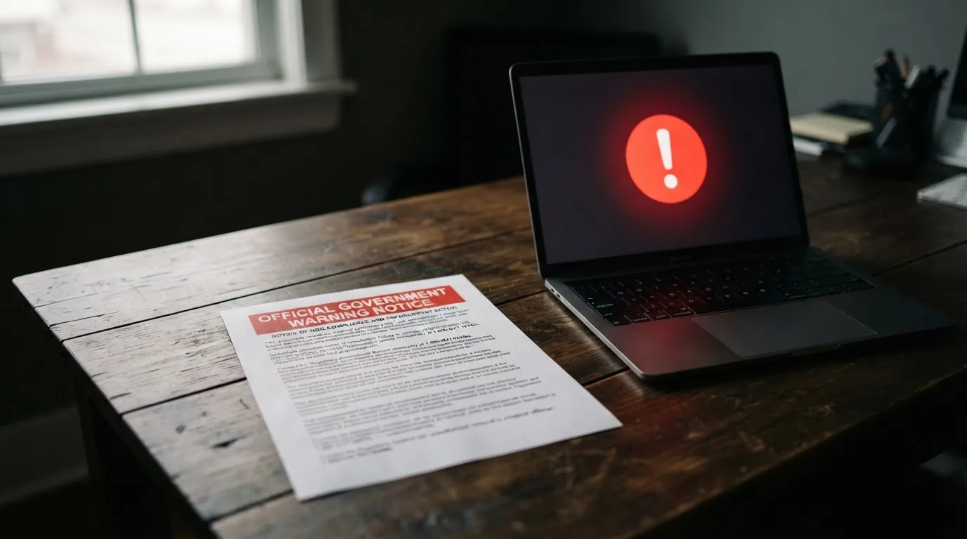 A printed government warning notice on a desk beside a laptop with a red alert icon on the screen.