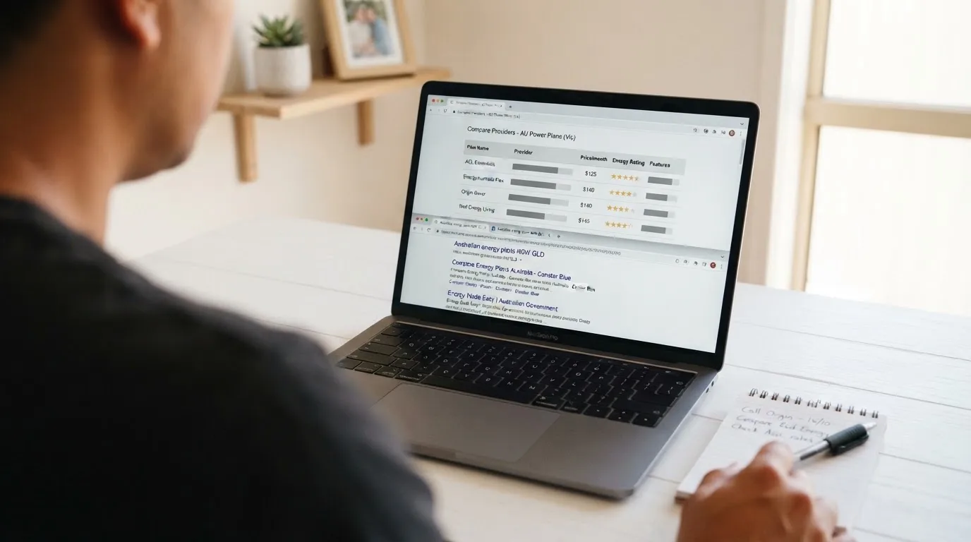 A laptop screen split between two browser tabs, one showing a comparison table and the other a search results page.