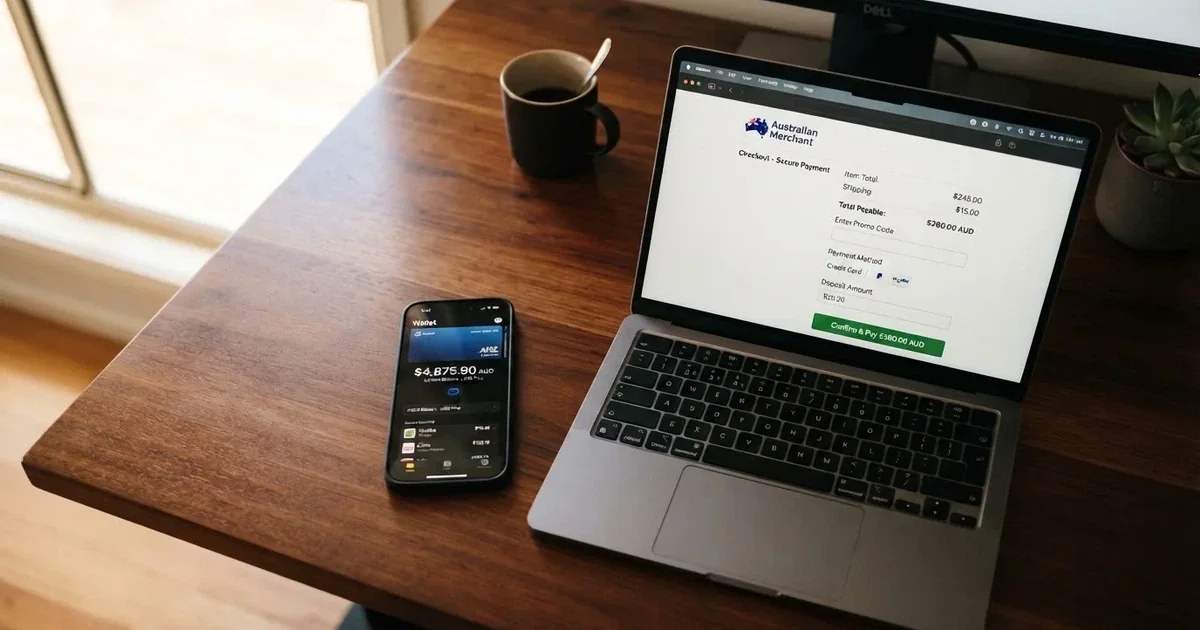 A smartphone screen showing a digital wallet balance next to a laptop cashier page.