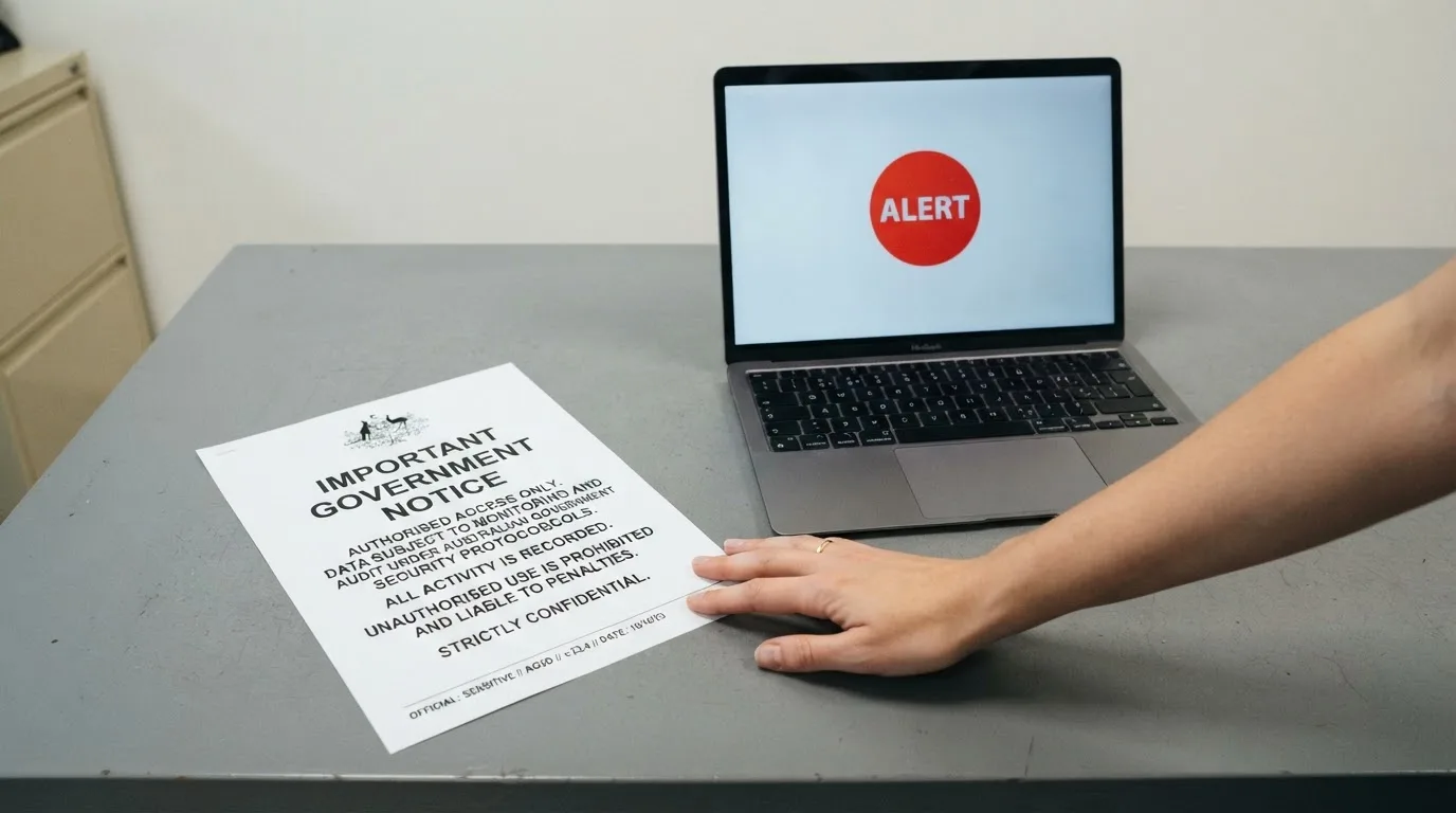 A printed government warning notice on a desk beside a laptop with a red alert icon on the screen.
