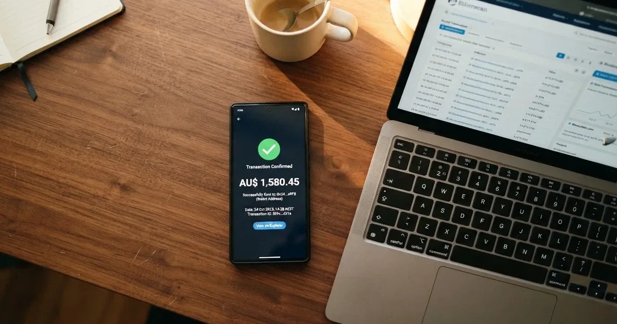 A phone displaying a blockchain transaction confirmation screen next to a laptop keyboard.