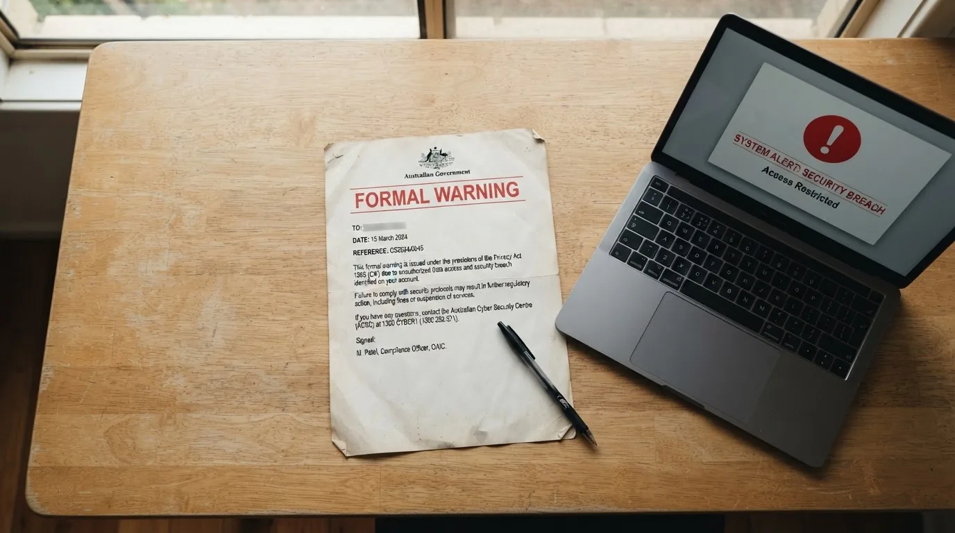 A printed government warning notice on a desk beside a laptop with a red alert icon on the screen.