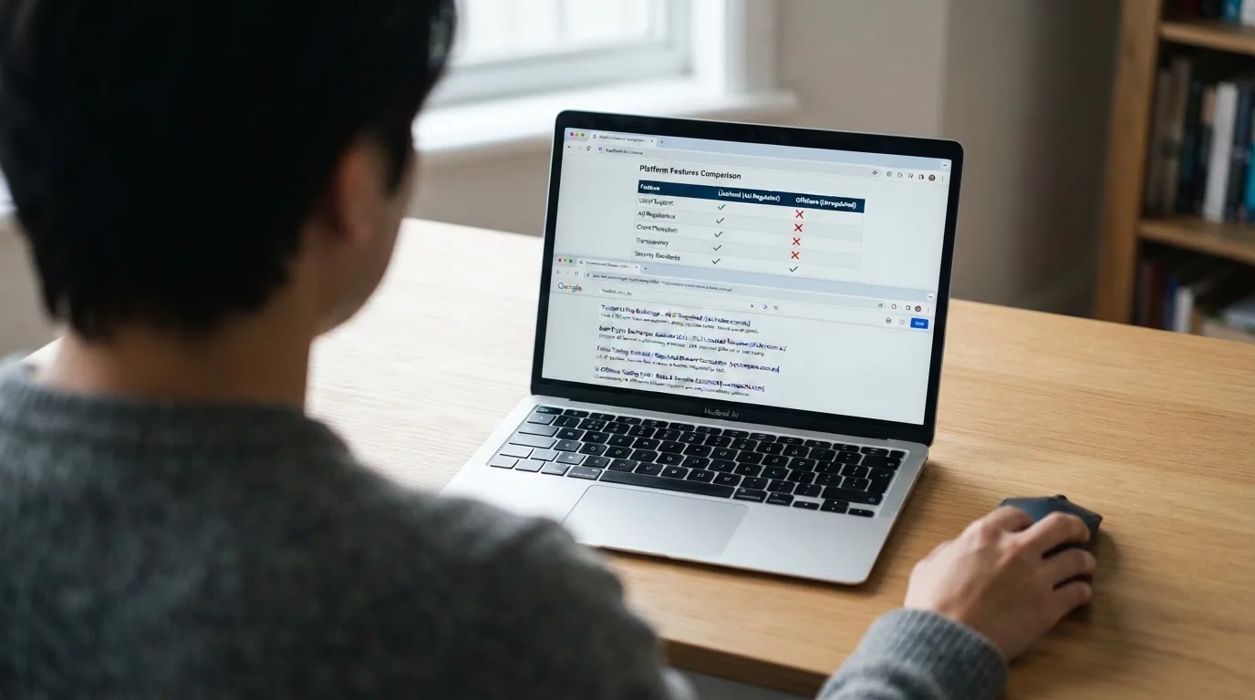 A laptop screen split between two browser tabs, one showing a comparison table and the other a search results page.