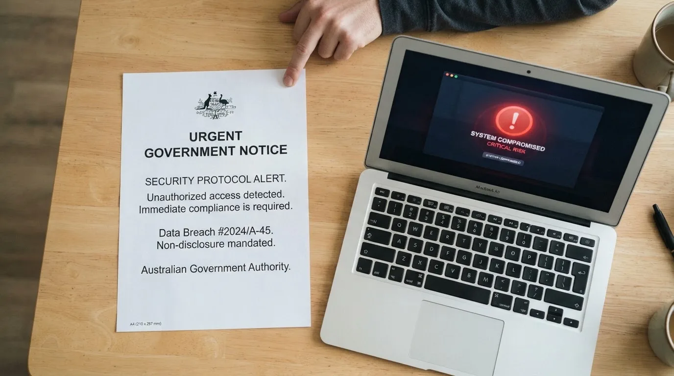 A printed government warning notice on a desk beside a laptop with a red alert icon on the screen.