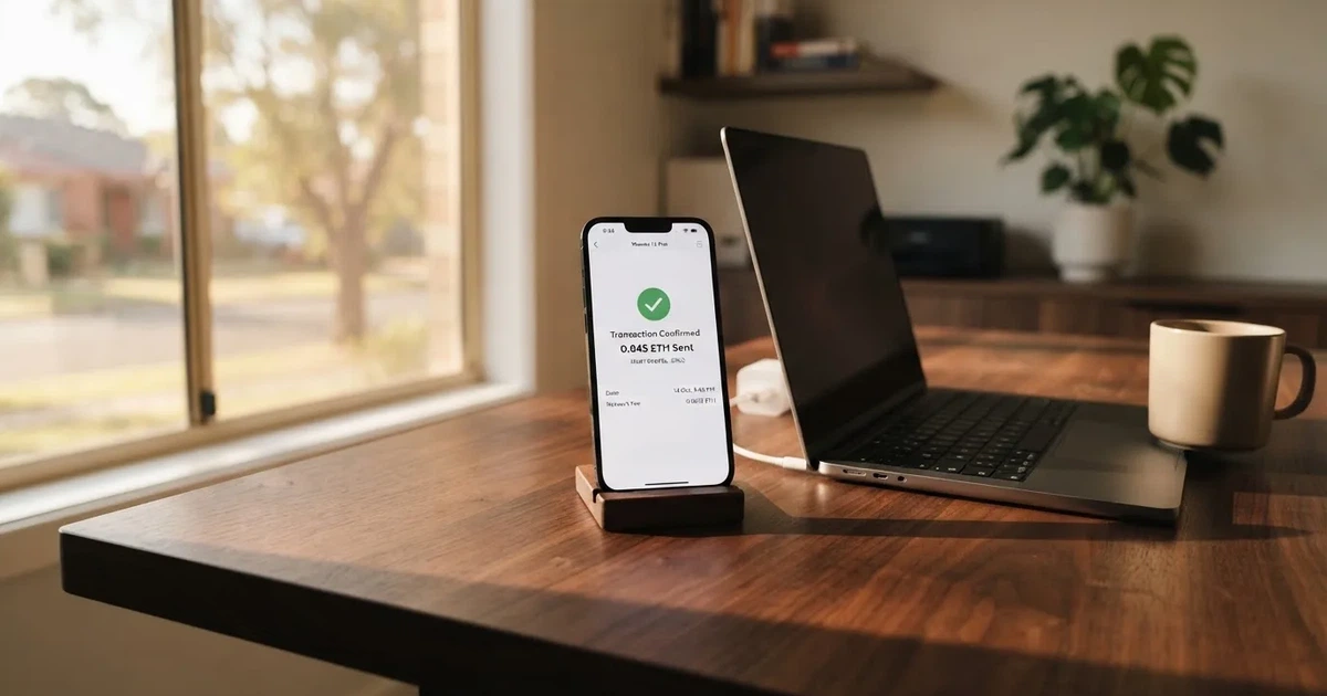 A phone displaying a blockchain transaction confirmation screen next to a laptop keyboard.