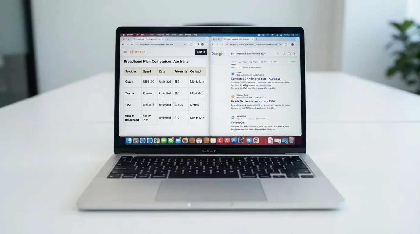 A laptop screen split between two browser tabs, one showing a comparison table and the other a search results page.