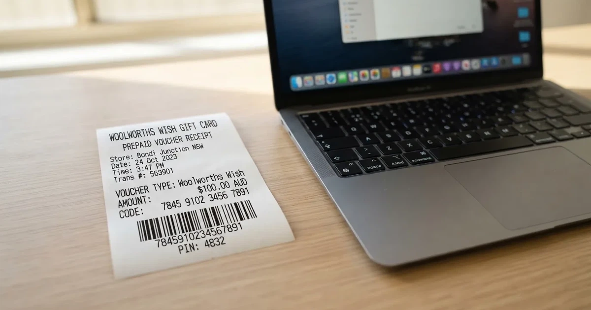 A printed prepaid voucher receipt lying beside a laptop keyboard.