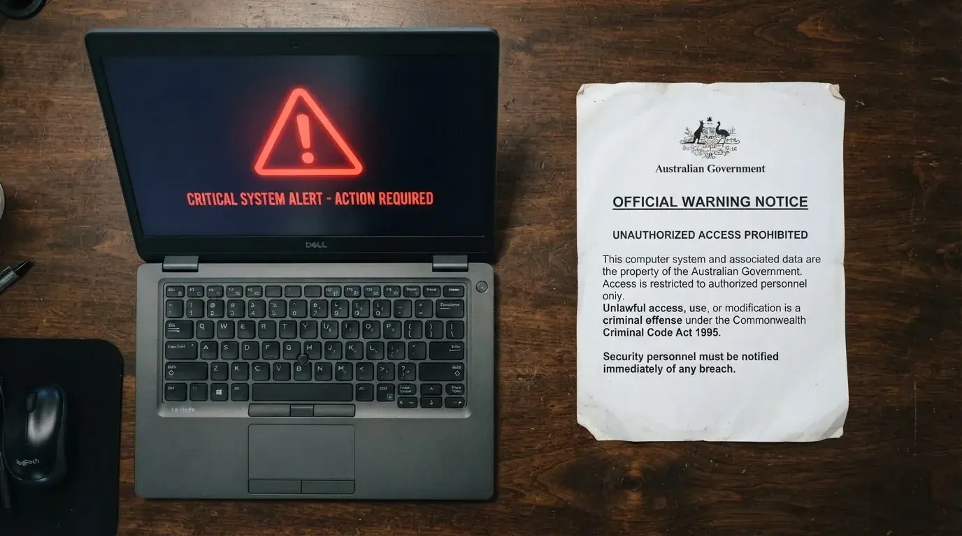A printed government warning notice on a desk beside a laptop with a red alert icon on the screen.