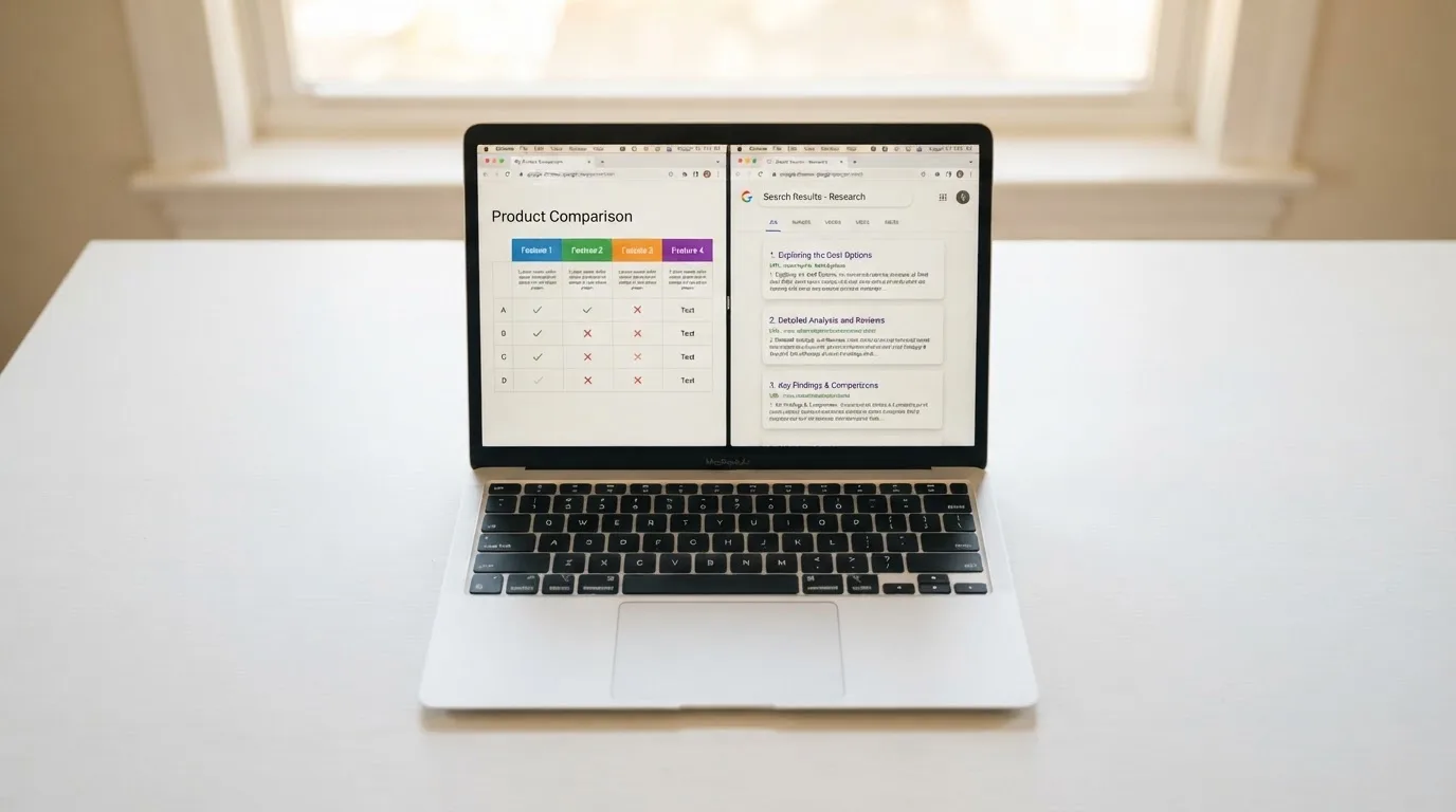 A laptop screen split between two browser tabs, one showing a comparison table and the other a search results page.
