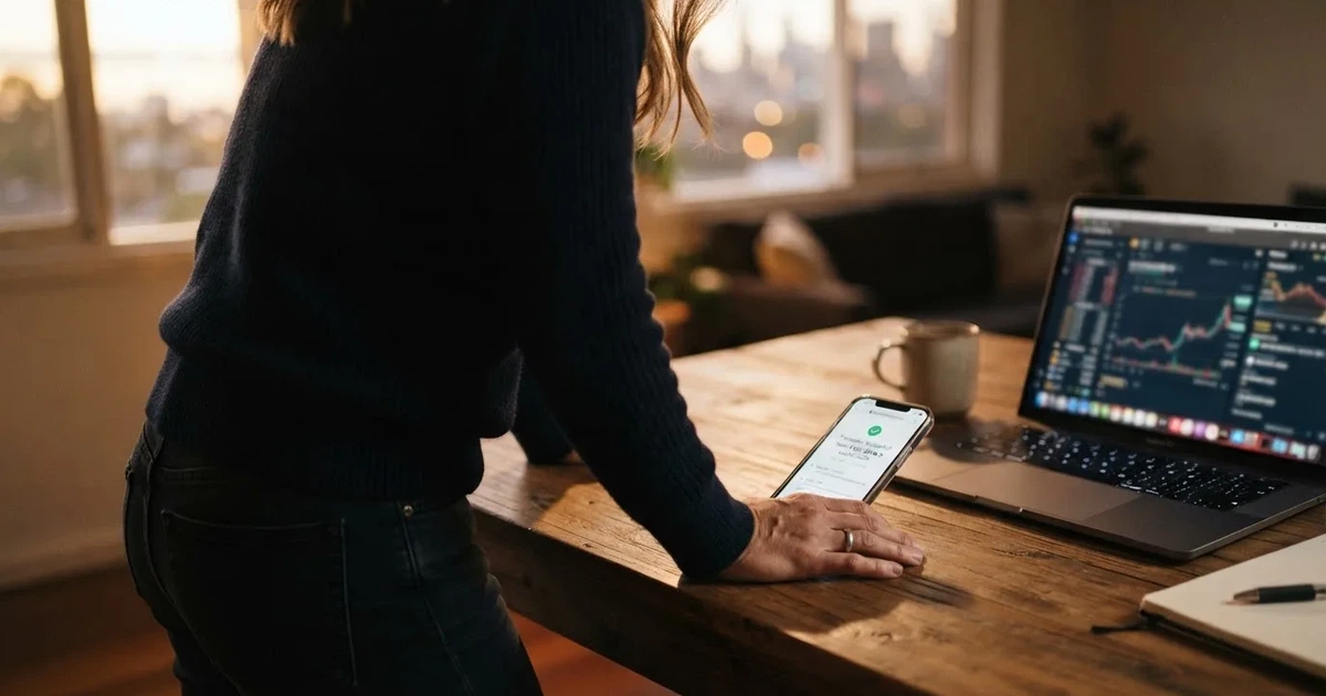 A phone displaying a blockchain transaction confirmation screen next to a laptop keyboard.