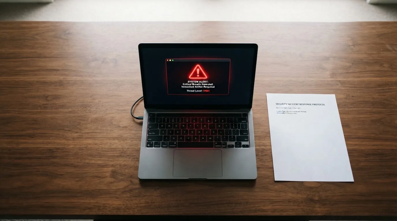 A printed government warning notice on a desk beside a laptop with a red alert icon on the screen.