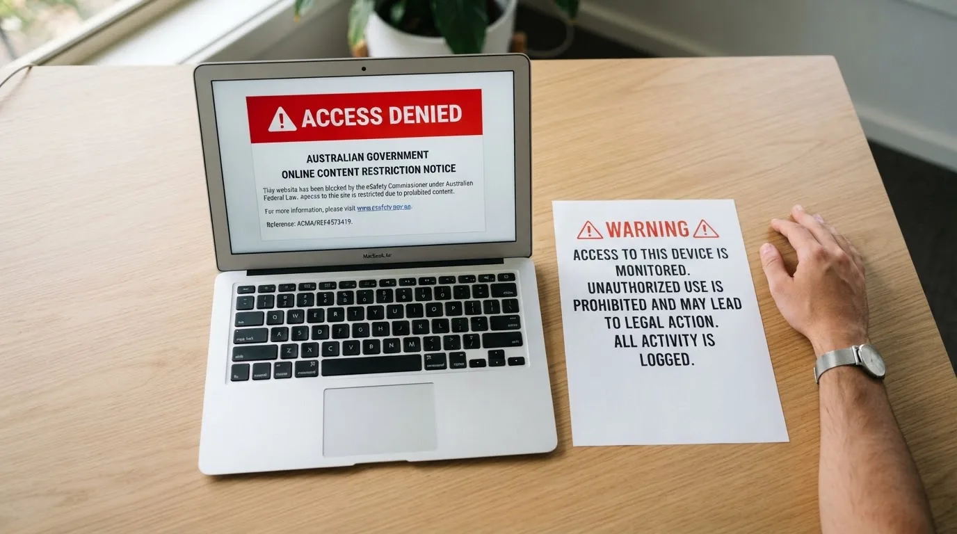 A printed government warning notice on a desk beside a laptop with a red alert icon on the screen.
