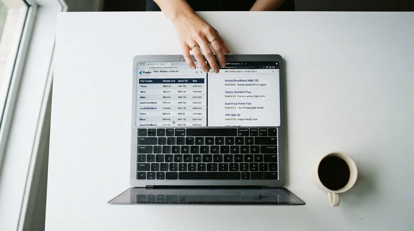 A laptop screen split between two browser tabs, one showing a comparison table and the other a search results page.