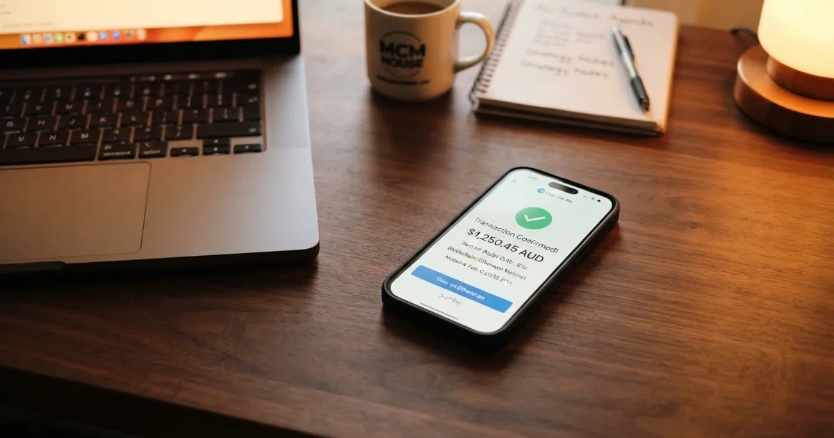 A phone displaying a blockchain transaction confirmation screen next to a laptop keyboard.