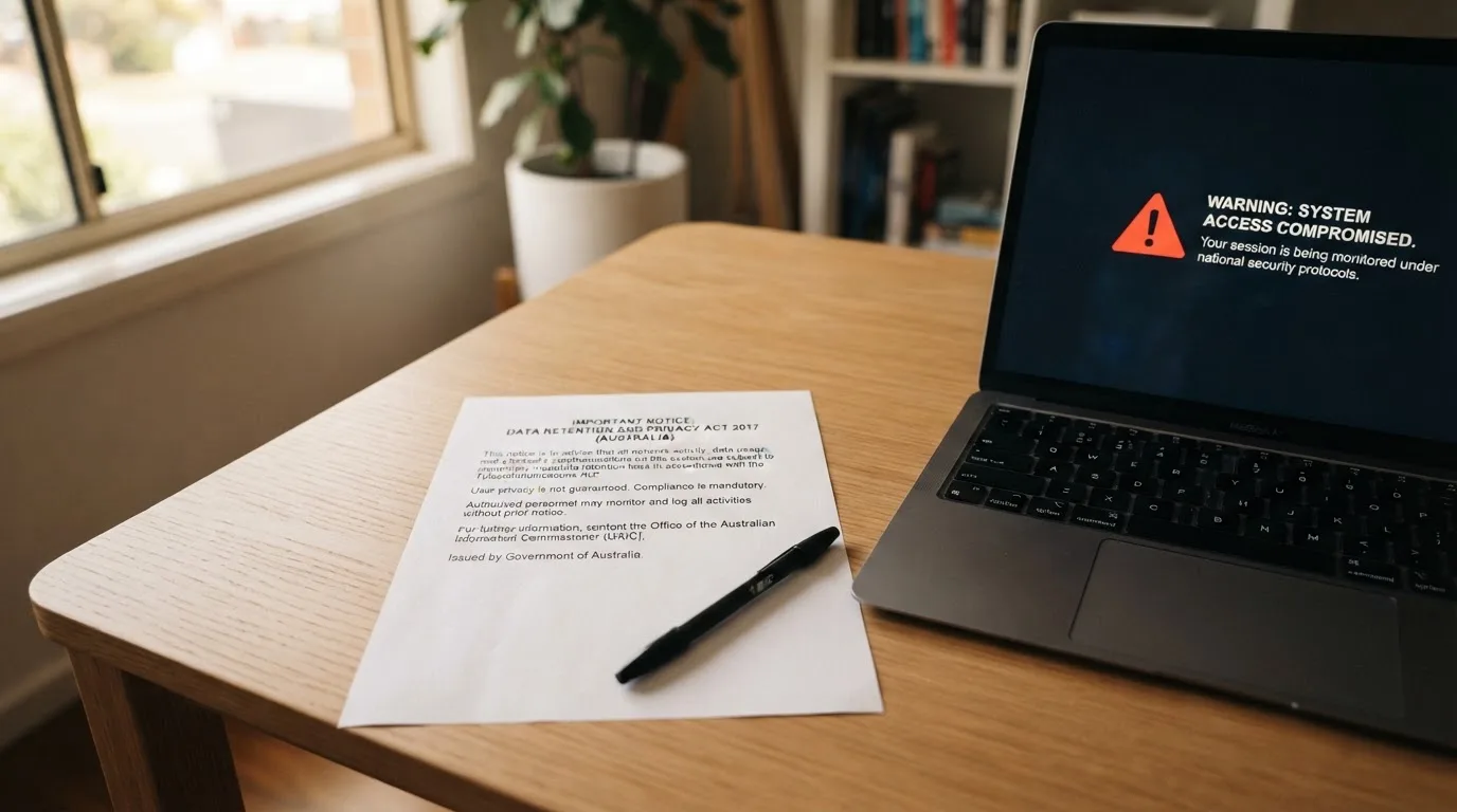 A printed government warning notice on a desk beside a laptop with a red alert icon on the screen.