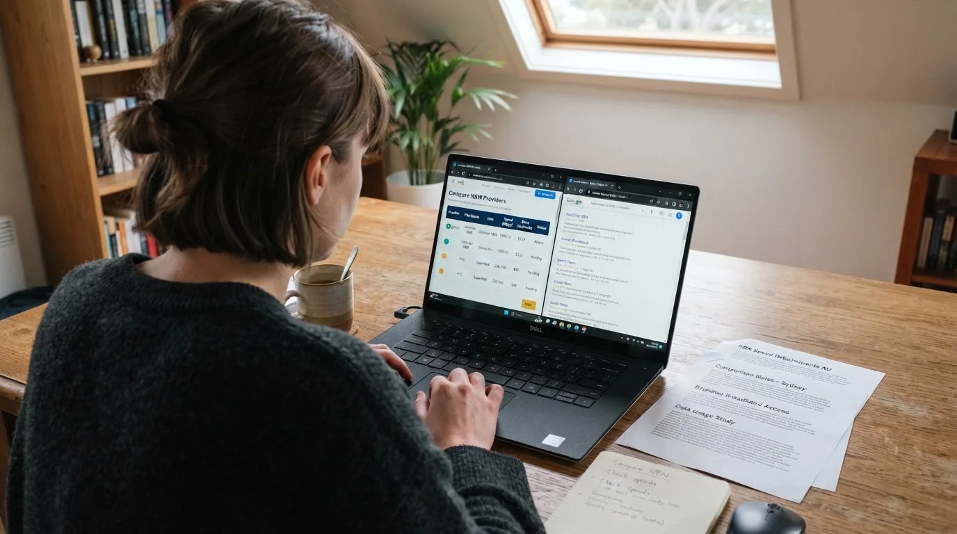 A laptop screen split between two browser tabs, one showing a comparison table and the other a search results page.