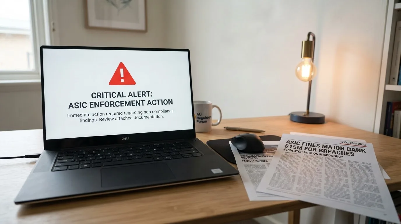A printed government warning notice on a desk beside a laptop with a red alert icon on the screen.