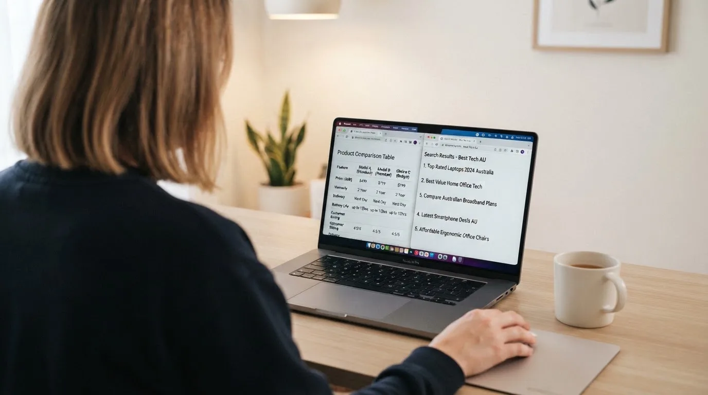 A laptop screen split between two browser tabs, one showing a comparison table and the other a search results page.