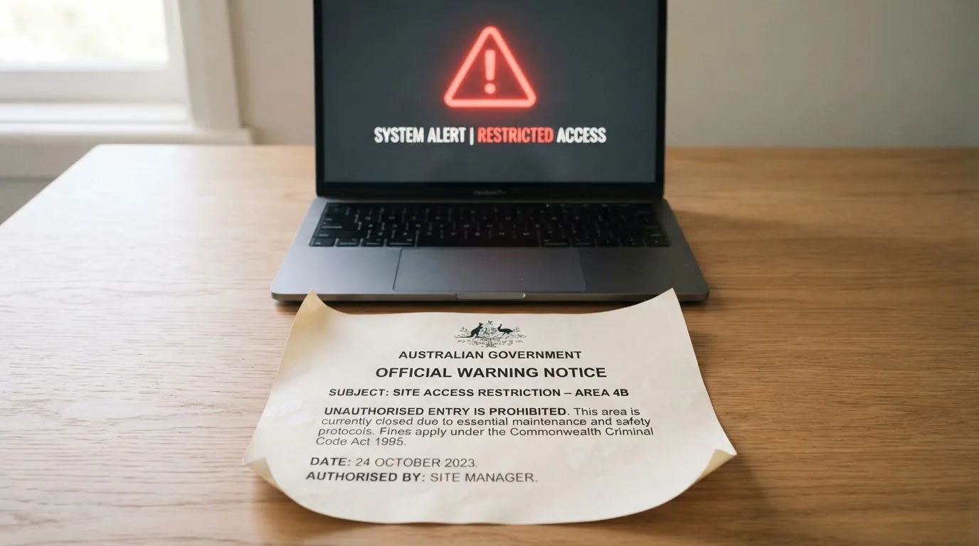 A printed government warning notice on a desk beside a laptop with a red alert icon on the screen.