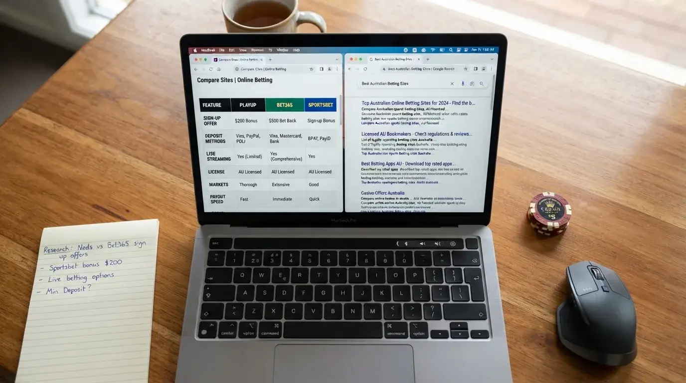 A laptop screen split between two browser tabs, one showing a comparison table and the other a search results page.