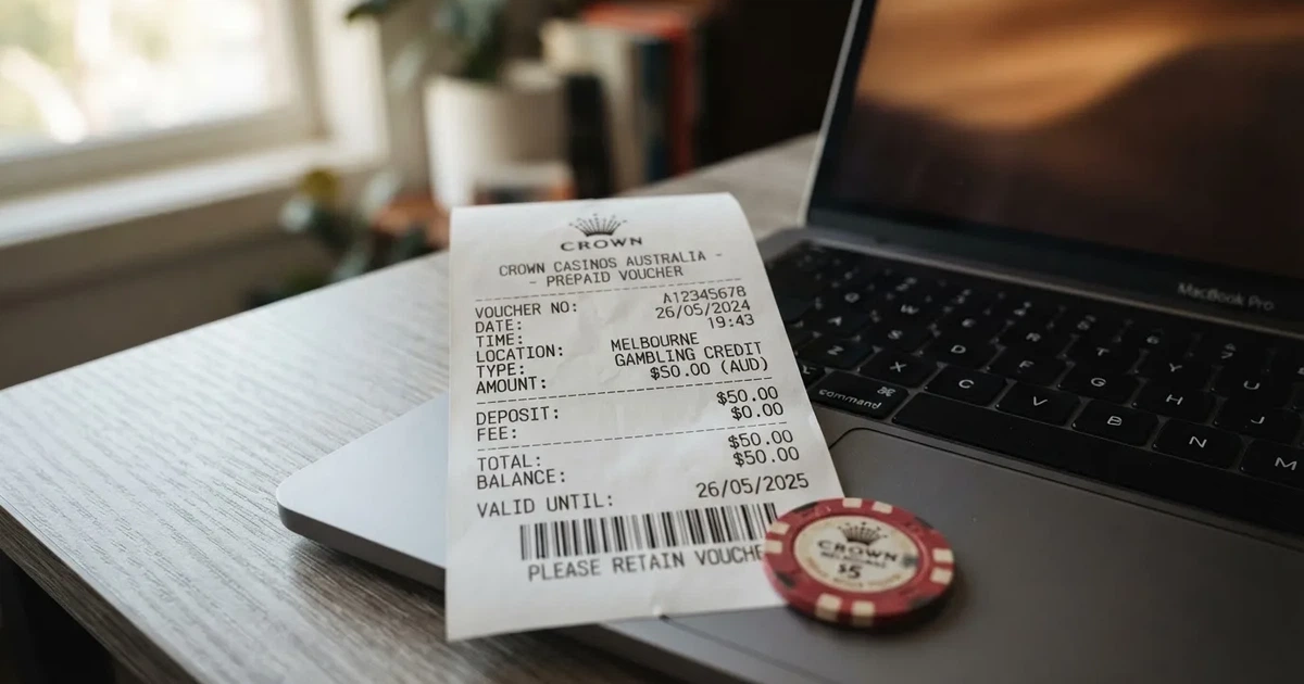 A printed prepaid voucher receipt lying beside a laptop keyboard.