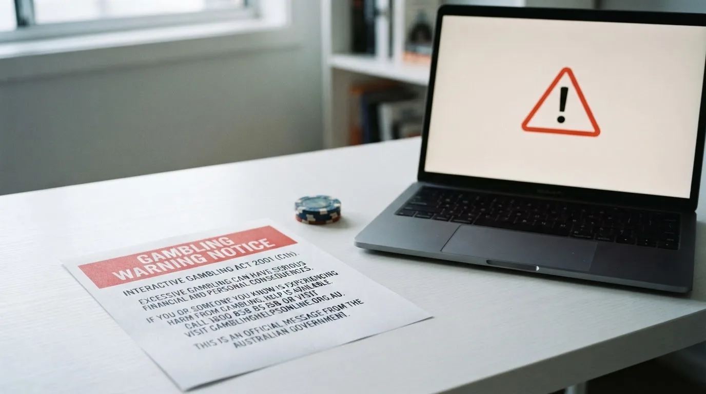A printed government warning notice on a desk beside a laptop with a red alert icon on the screen.