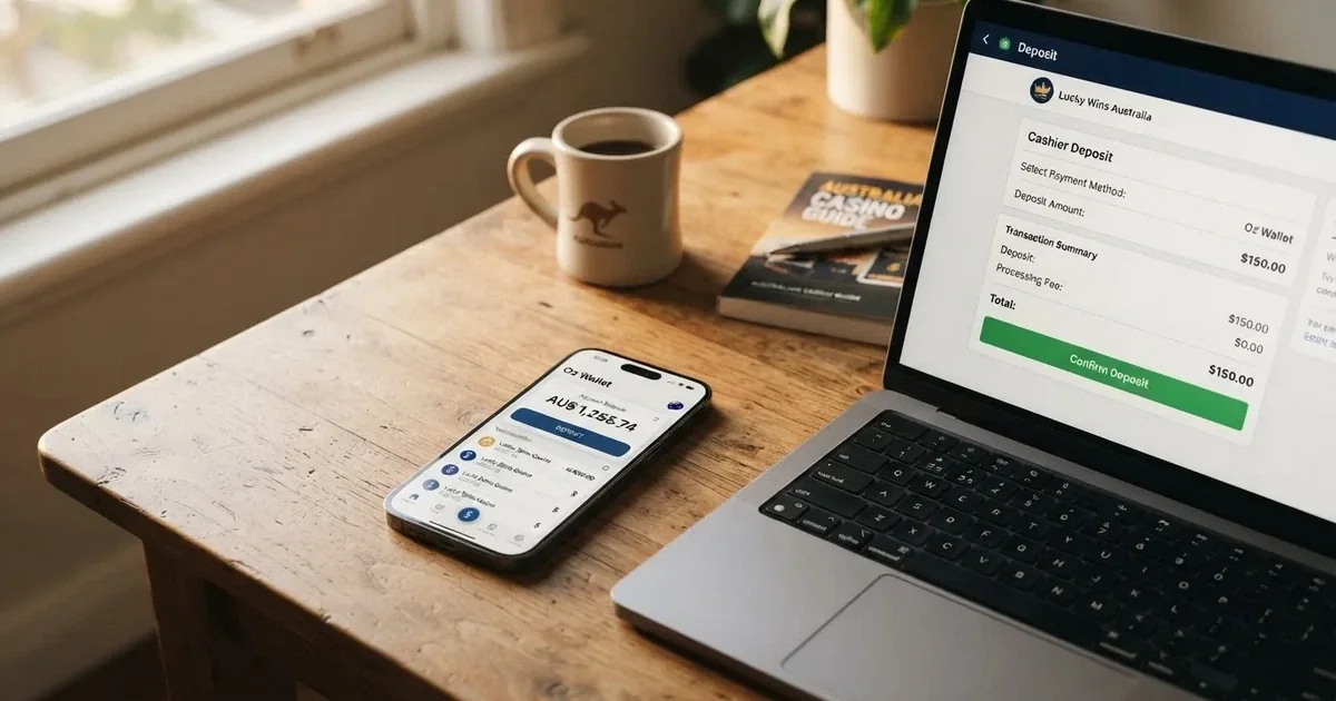 A smartphone screen showing a digital wallet balance next to a laptop cashier page.