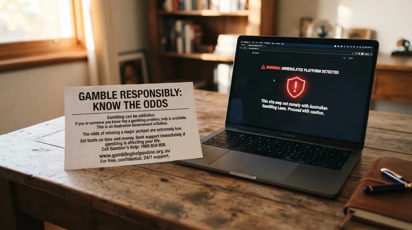 A printed government warning notice on a desk beside a laptop with a red alert icon on the screen.
