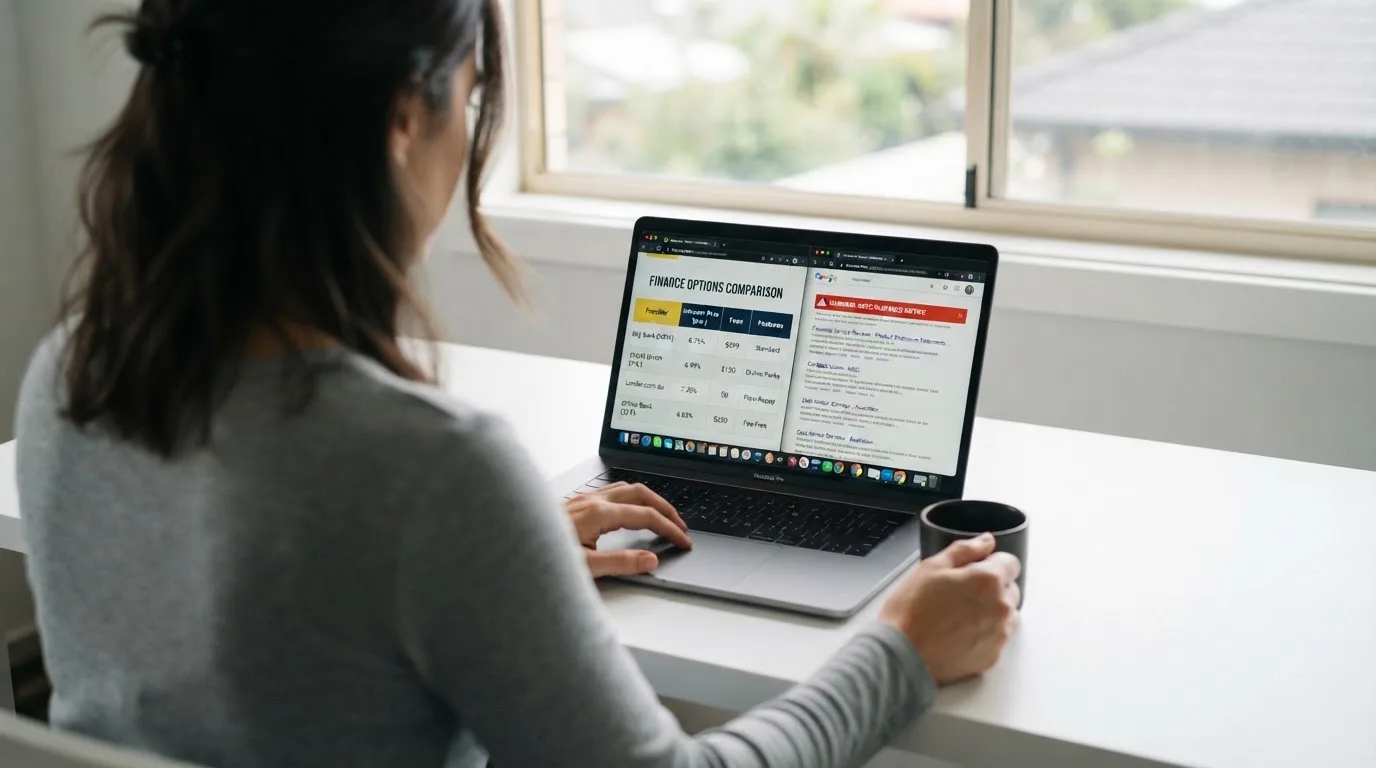 A laptop screen split between two browser tabs, one showing a comparison table and the other a search results page.