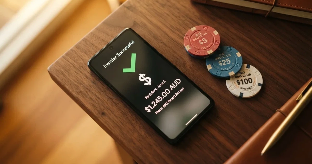 A phone displaying a bank transfer confirmation screen next to a stack of Australian dollar notes.