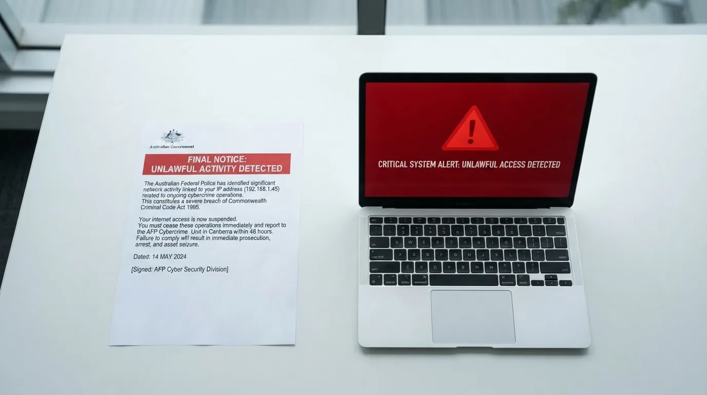 A printed government warning notice on a desk beside a laptop with a red alert icon on the screen.