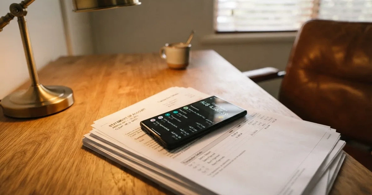 A phone showing a digital wallet balance screen resting on a stack of paperwork.