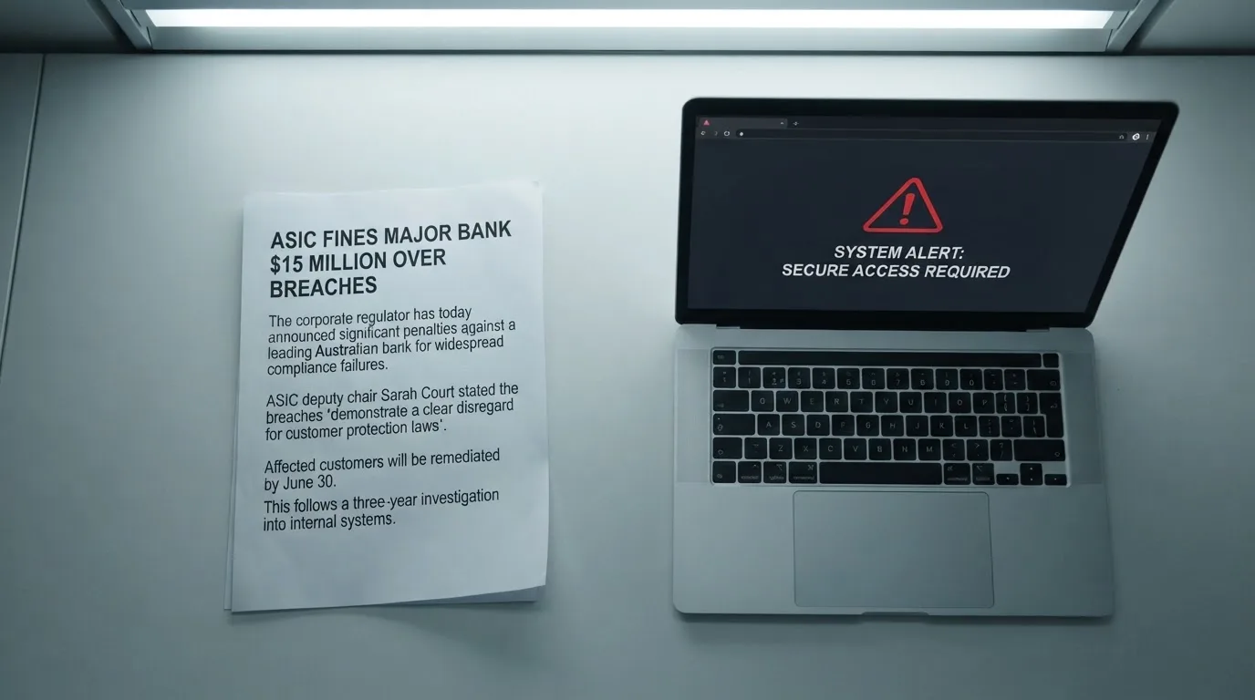 A printed government warning notice on a desk beside a laptop with a red alert icon on the screen.