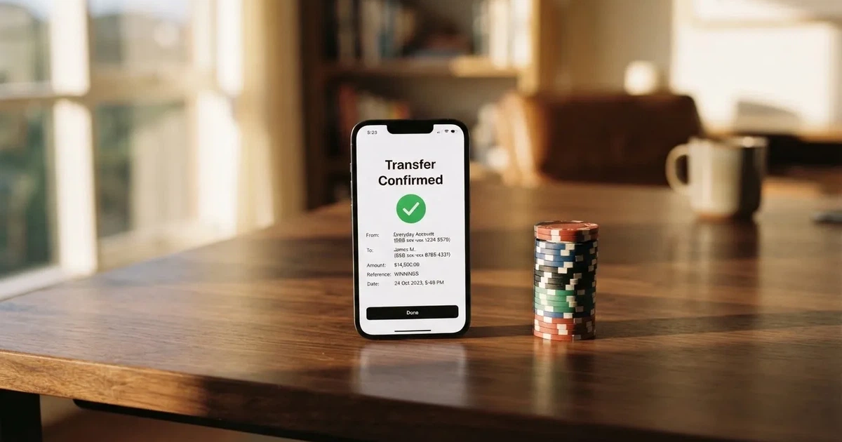A phone displaying a bank transfer confirmation screen next to a stack of Australian dollar notes.