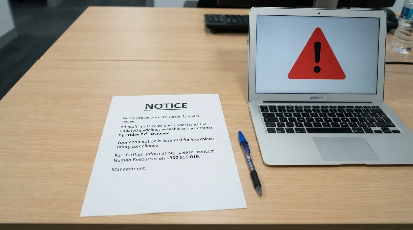 A printed government warning notice on a desk beside a laptop with a red alert icon on the screen.