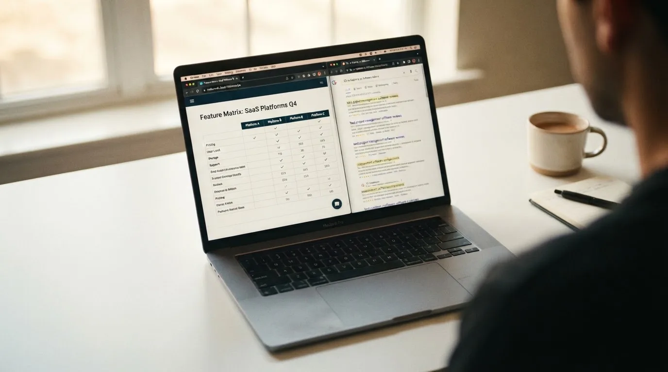 A laptop screen split between two browser tabs, one showing a comparison table and the other a search results page.