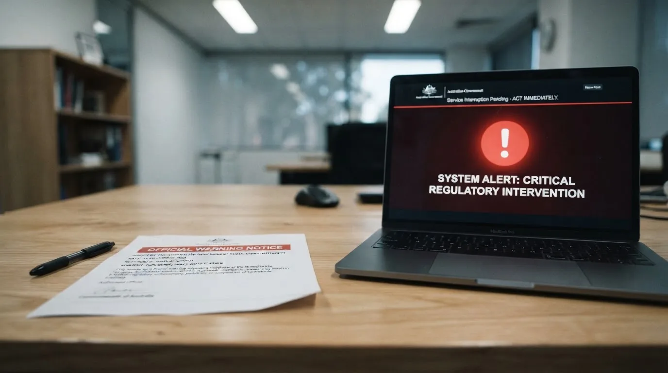 A printed government warning notice on a desk beside a laptop with a red alert icon on the screen.