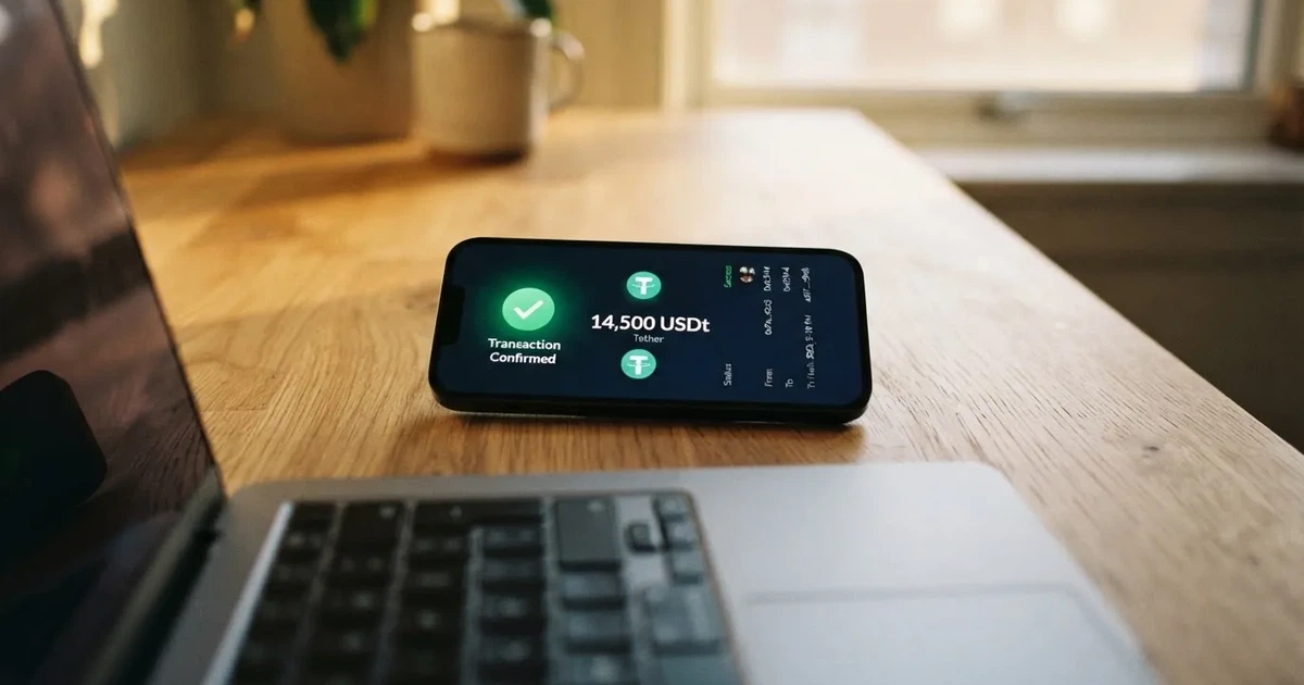 A phone displaying a blockchain transaction confirmation screen next to a laptop keyboard.