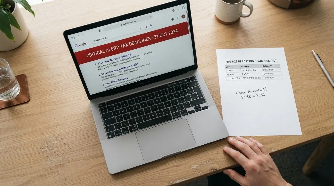 A laptop screen split between two browser tabs, one showing a comparison table and the other a search results page.