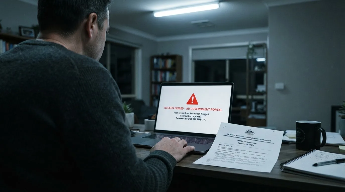 A printed government warning notice on a desk beside a laptop with a red alert icon on the screen.