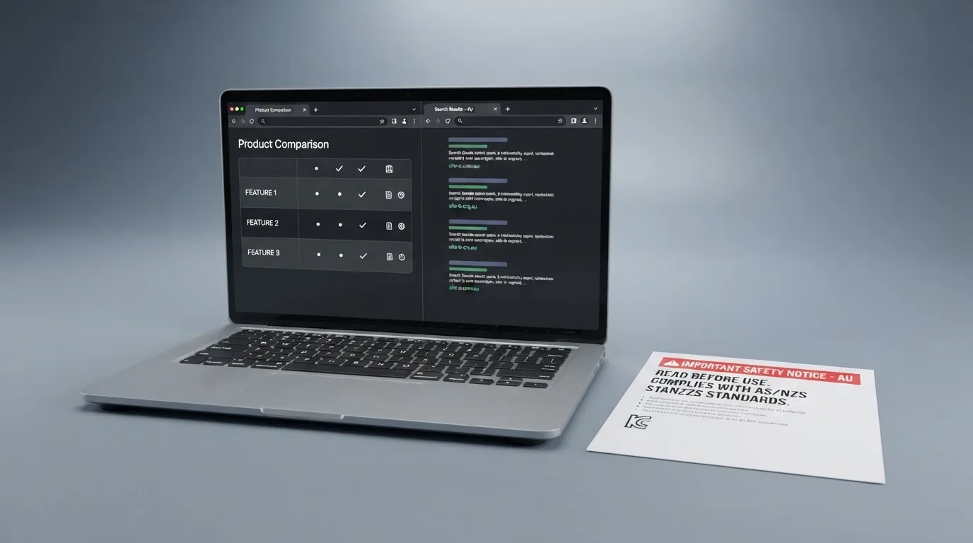 A laptop screen split between two browser tabs, one showing a comparison table and the other a search results page.