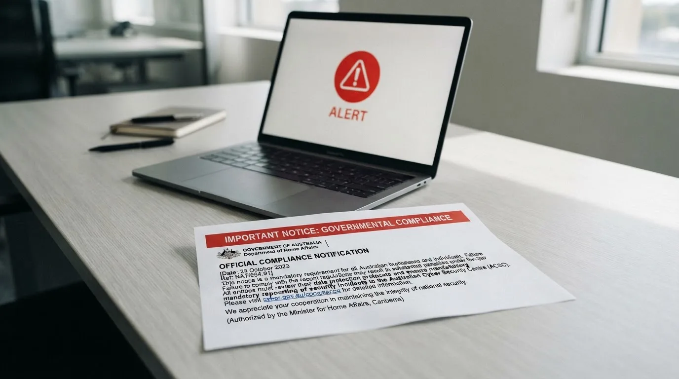 A printed government warning notice on a desk beside a laptop with a red alert icon on the screen.