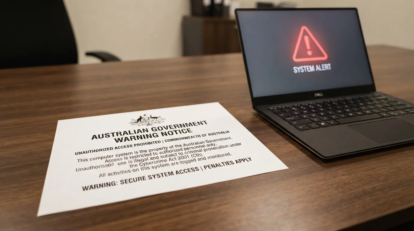 A printed government warning notice on a desk beside a laptop with a red alert icon on the screen.
