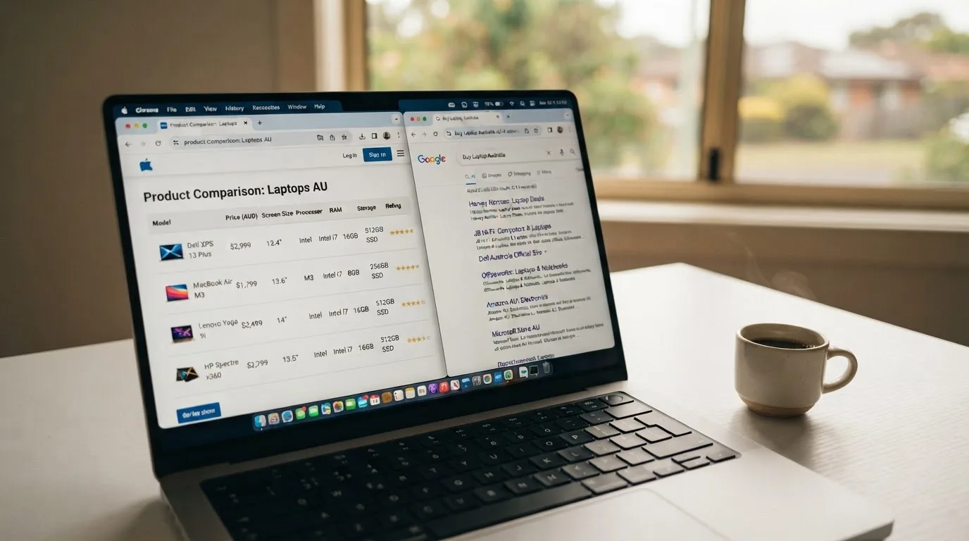 A laptop screen split between two browser tabs, one showing a comparison table and the other a search results page.