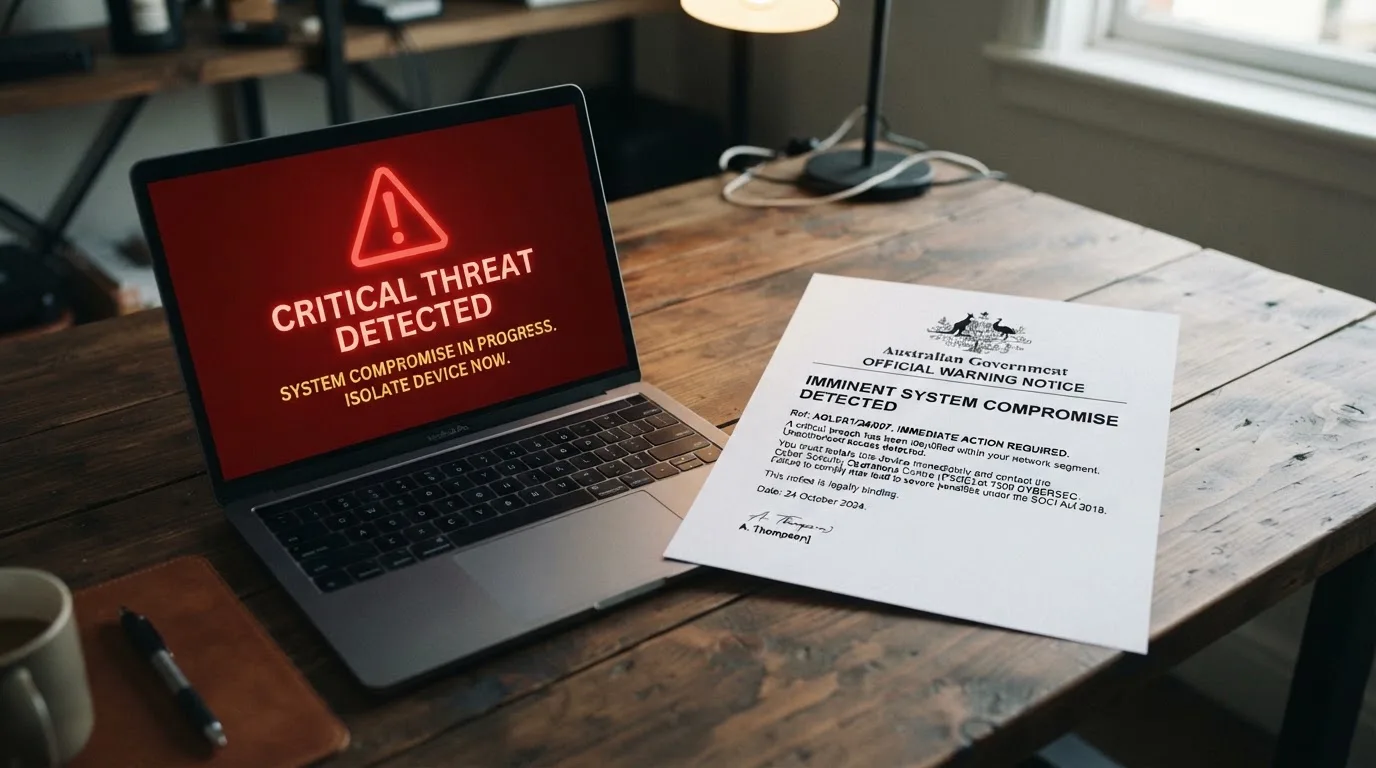 A printed government warning notice on a desk beside a laptop with a red alert icon on the screen.
